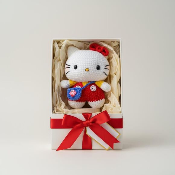 Handmade Crochet Hello Kitty Plush – Kawaii Red Overalls Amigurumi Doll - Picture 4 of 8